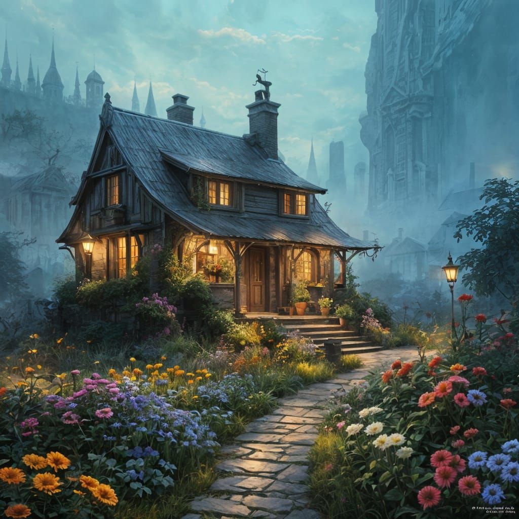 Colorful Cottage Garden in Hyperrealistic Style