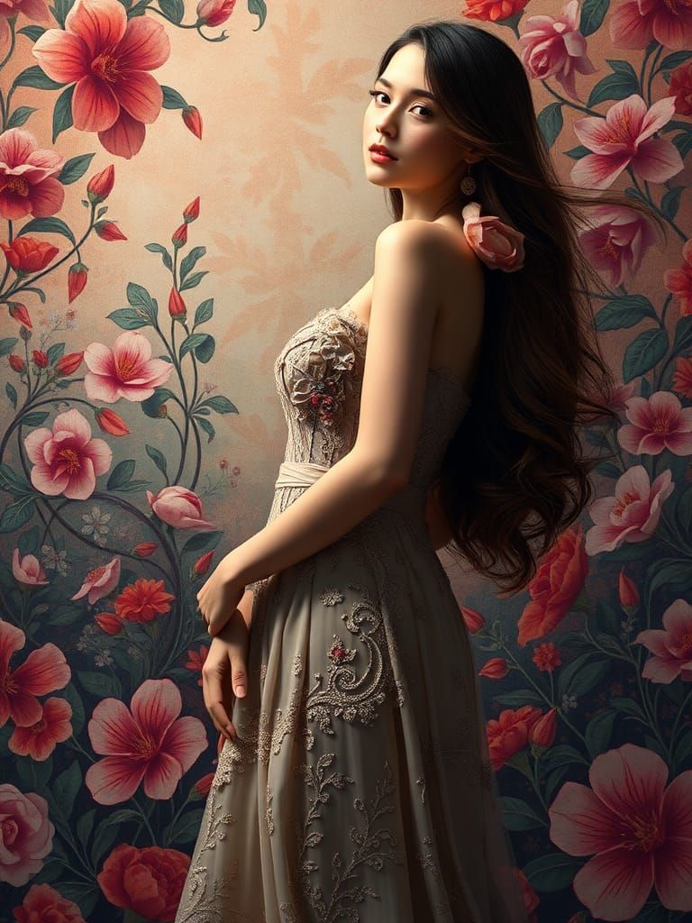 Elegant Woman in Art Nouveau Dress, Dreamlike Background