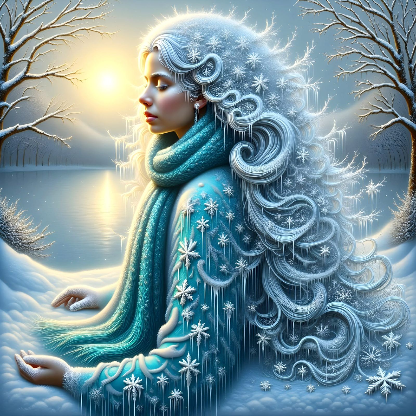 Ethereal Woman Surrounded by Winter Wonderland in Oil Art St...