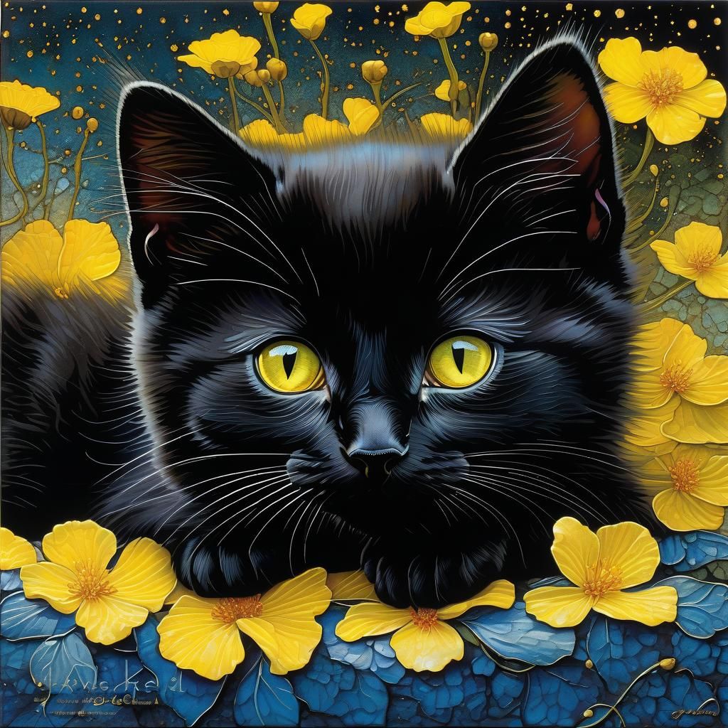 Playful Black Kitten Portrait in Alcohol Ink Style
