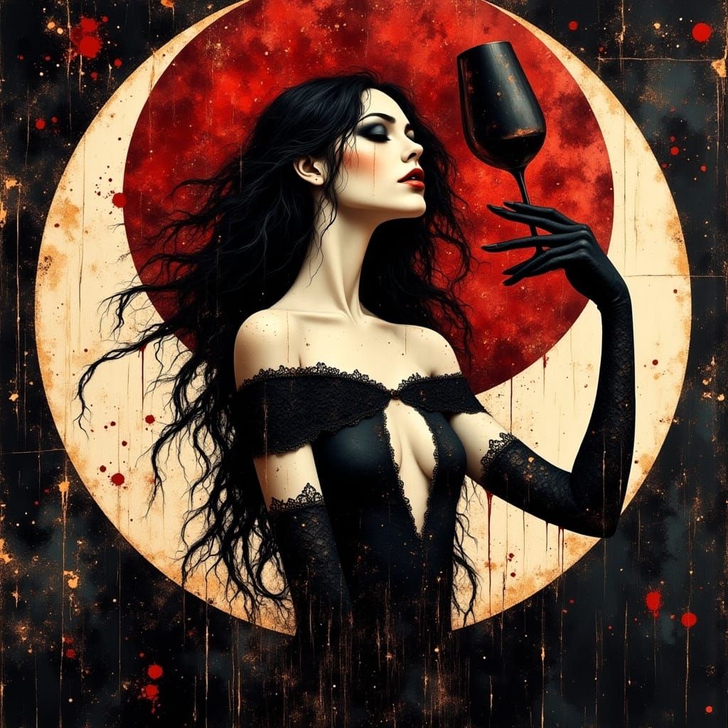 Smokey Grunge Painting of a Woman Under a Blood Moon