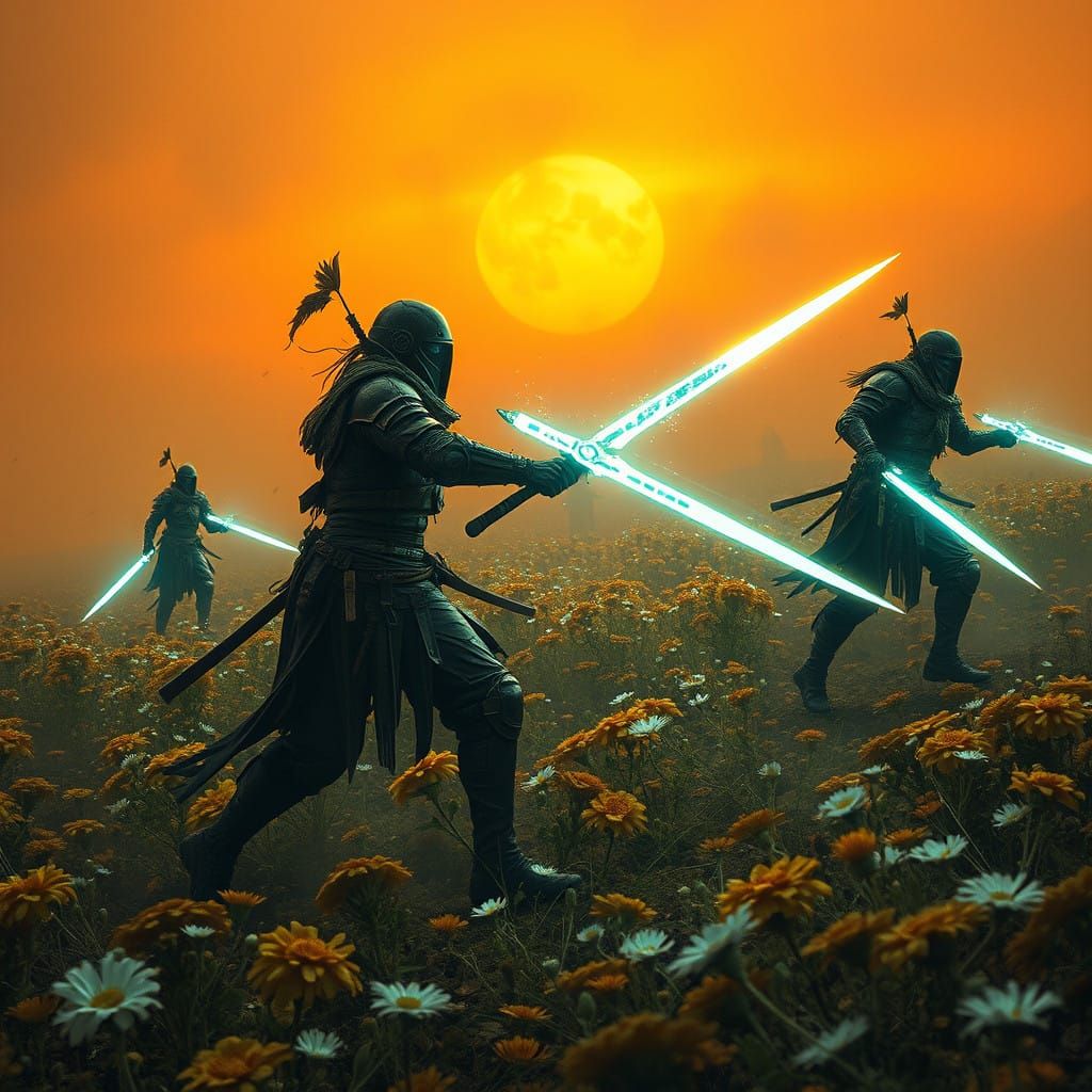Warriors Clash in a Dystopian Flower Field