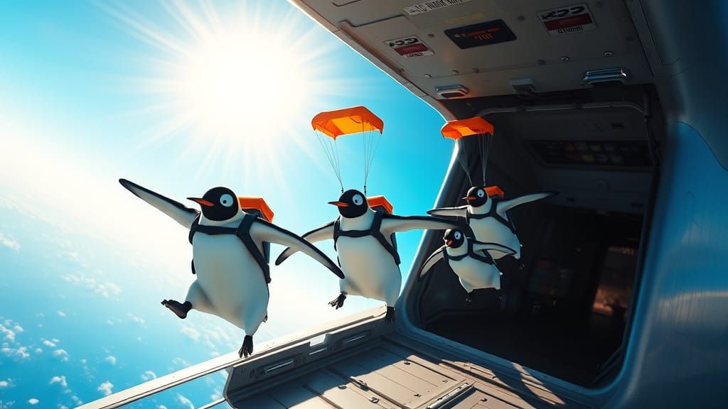 Surreal Penguins Leap to Freedom in Vibrant Blue Skies