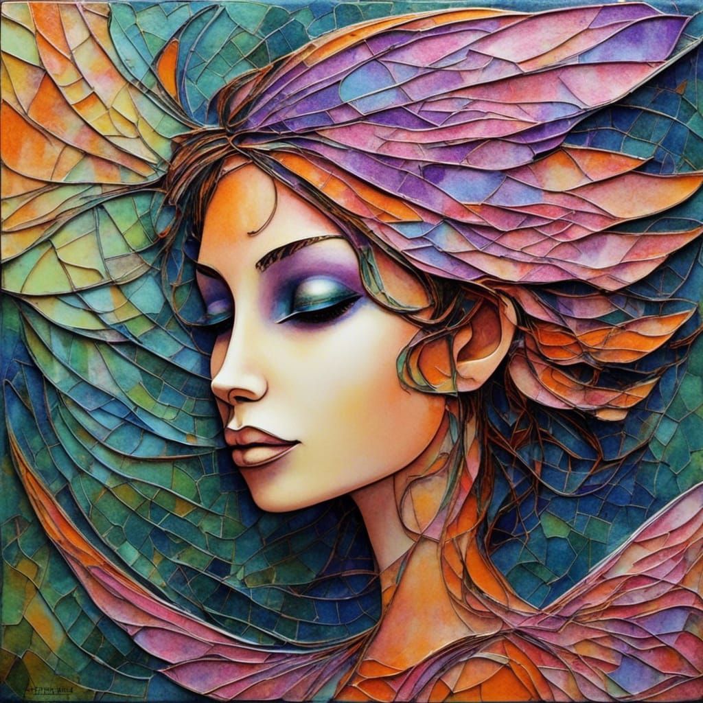 ceramic tiles : a profile portrait of a female fairy with wings on her back in shades of pink, purple, orange, and are h...