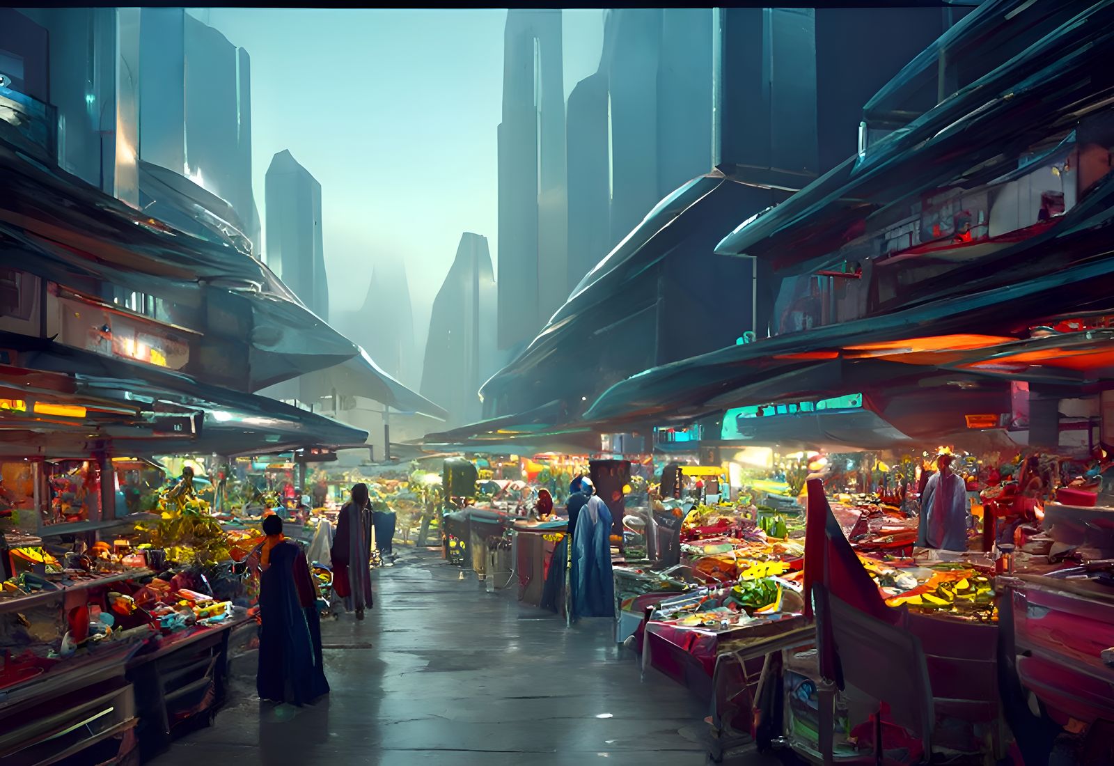 Futuristic City Market at Night in Digital Painting Style