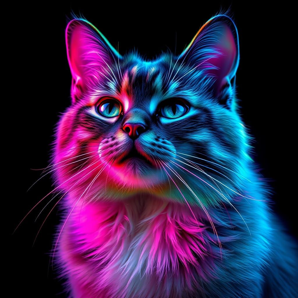Iridescent Cat Shimmers with Neon Lights