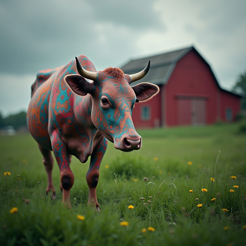Psychedelic Cow Grazing in Hyperrealistic Detail