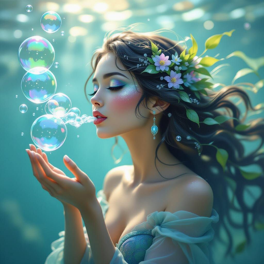 Spectral Mermaid Blowing Magical Bubbles, Digital Art