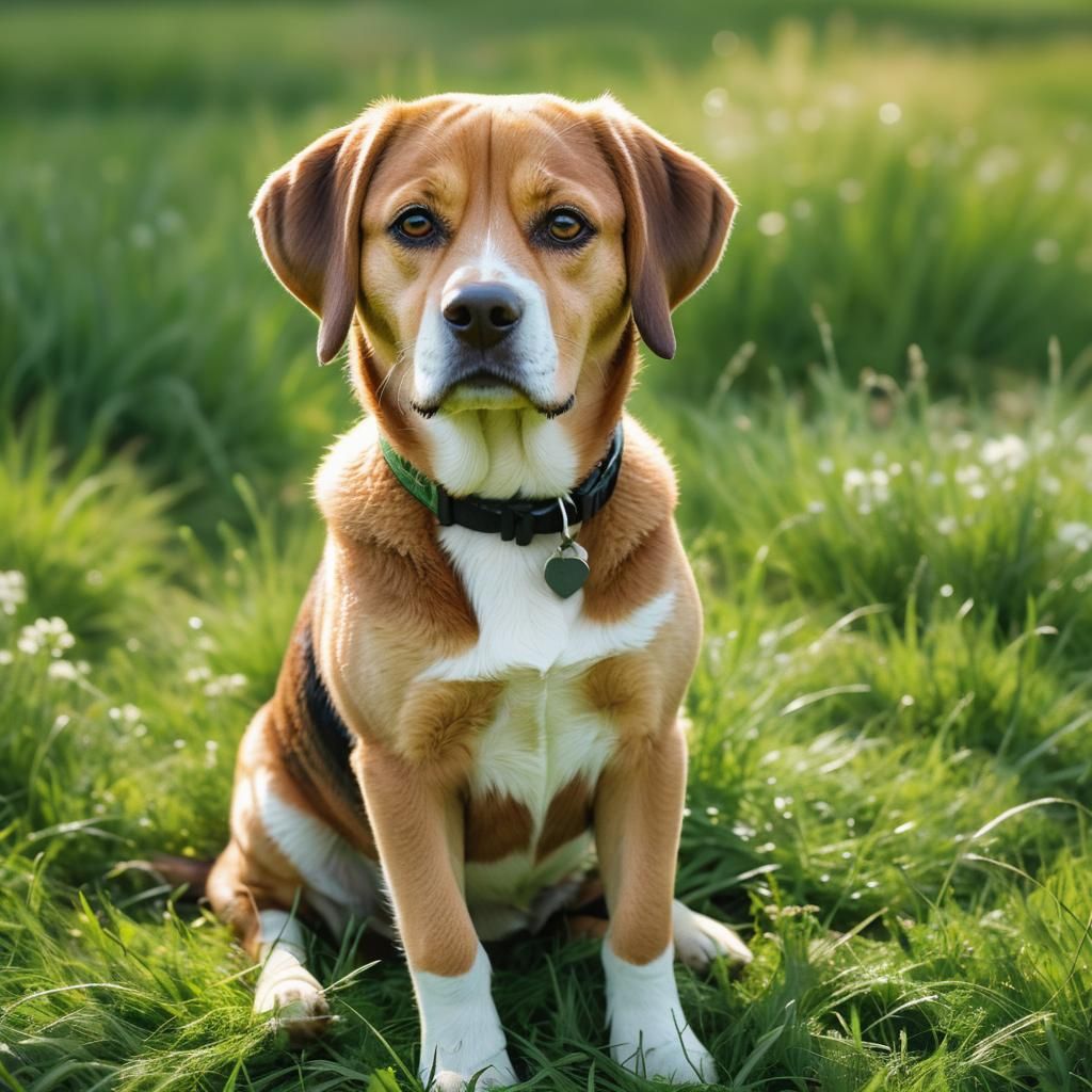Chubby Beagle Lab Mix Portrait in Meadow