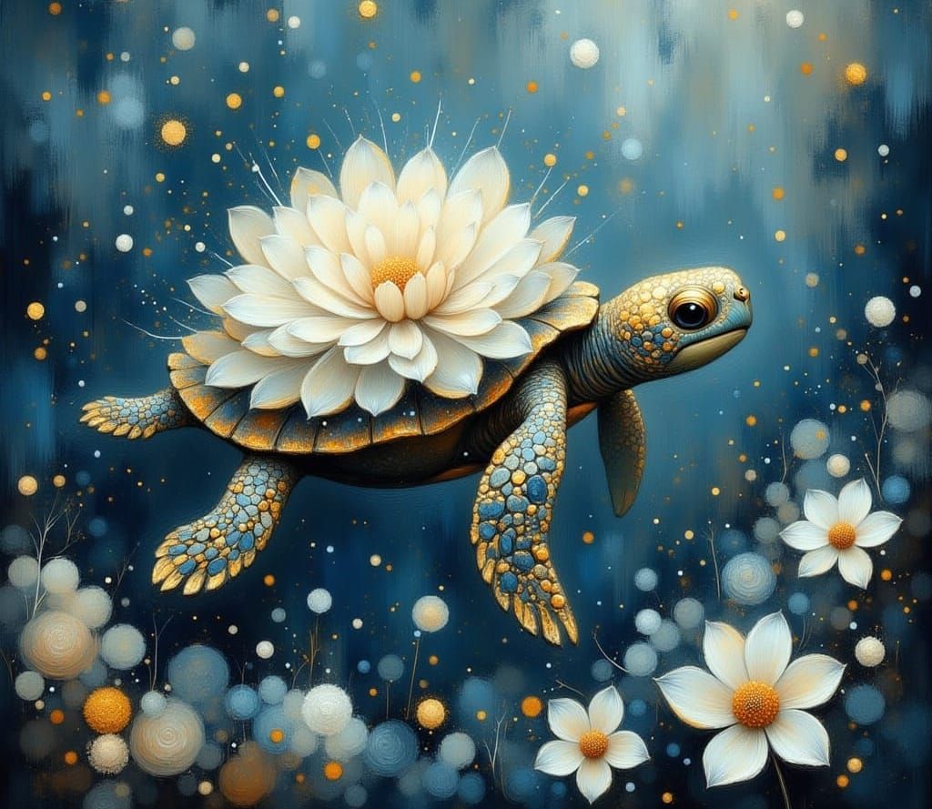 Turtle with Peony Shell in Dreamlike Ocean