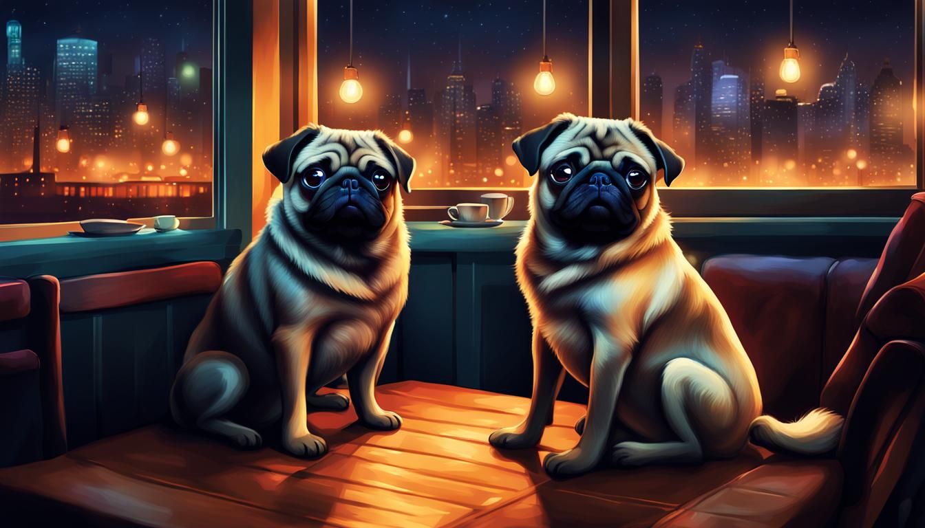 Pugs in a Cozy Night Cafe, Photorealistic Digital Art
