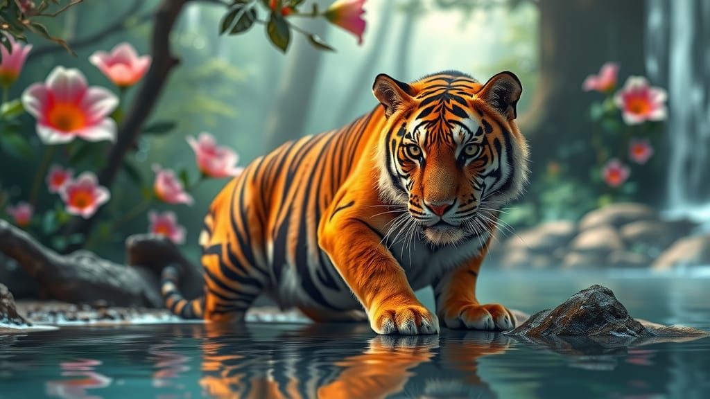 Hyperrealistic Tiger in Vibrant Paradise
