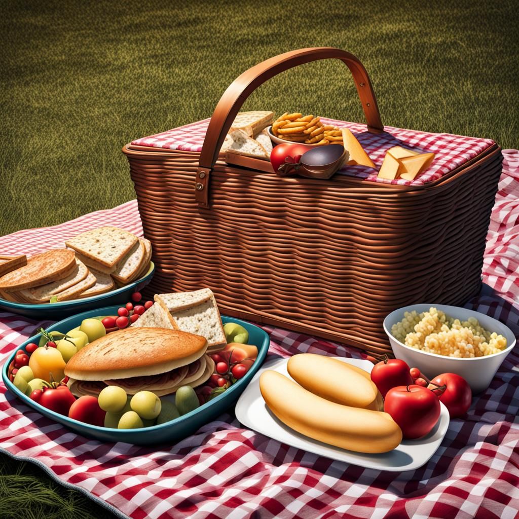 Gigantic Picnic Basket and Food, Hyperrealistic Image