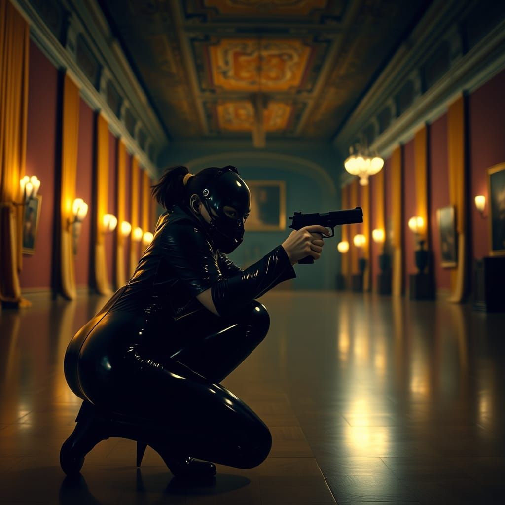 Elegant Thief in a Dark Museum Lobby