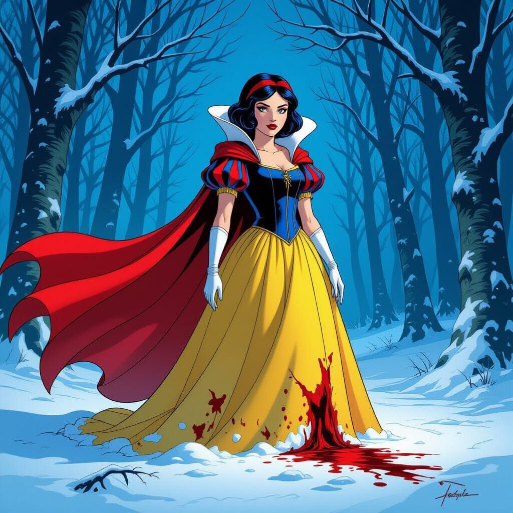 Snow White in Blood-Stained Dress in Comic Book Style