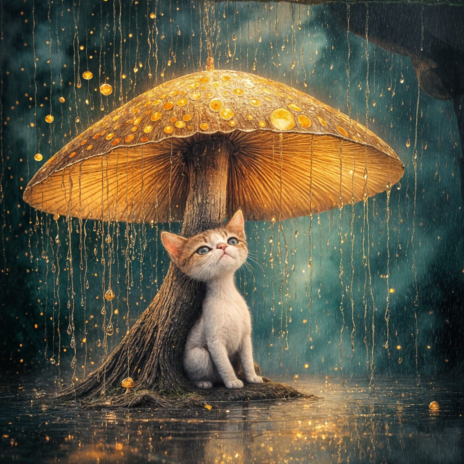 Adorable Kitten Under Giant Glowing Mushroom in Mystical Rai...