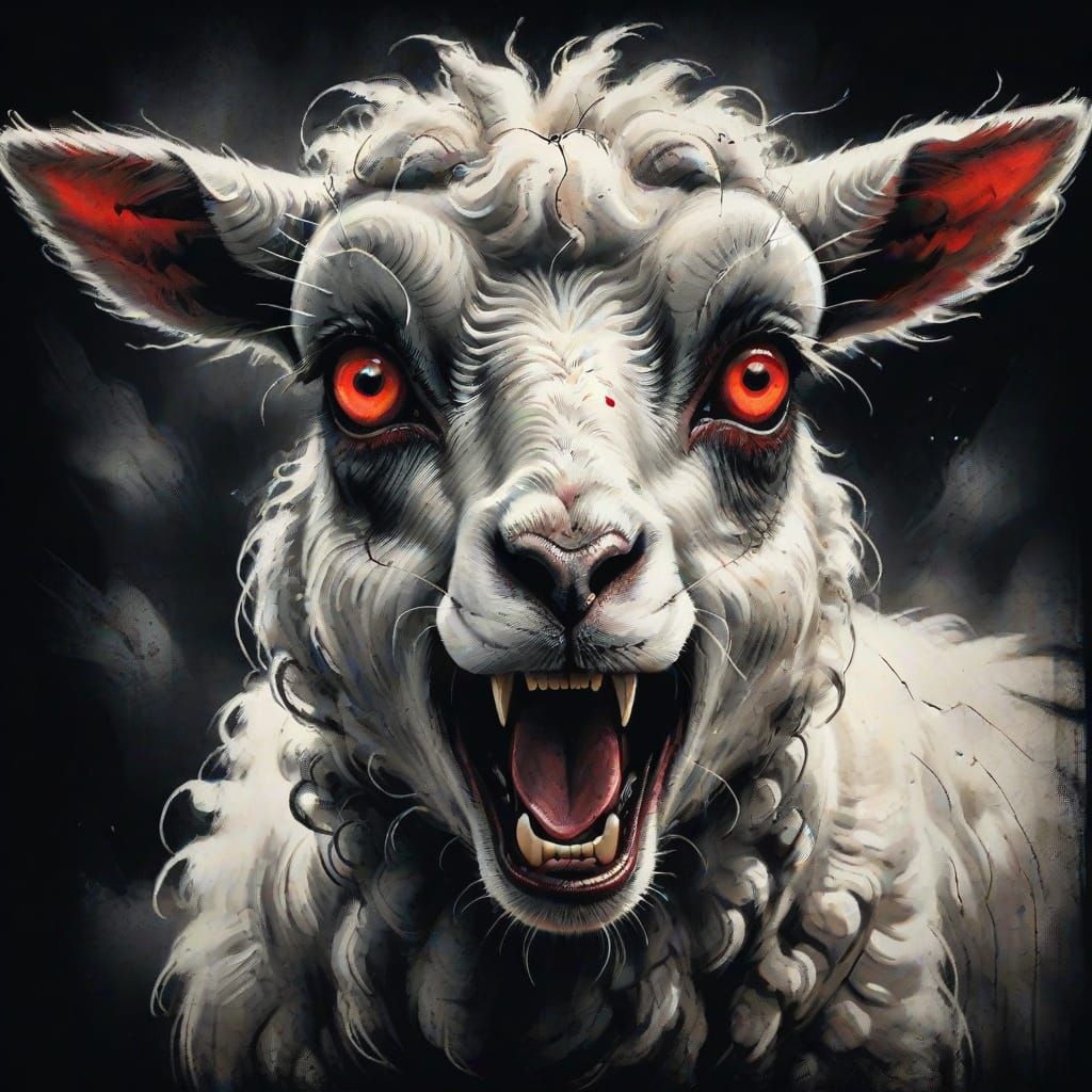 Surrealist Lamb Face Screaming in Charcoal Sketch