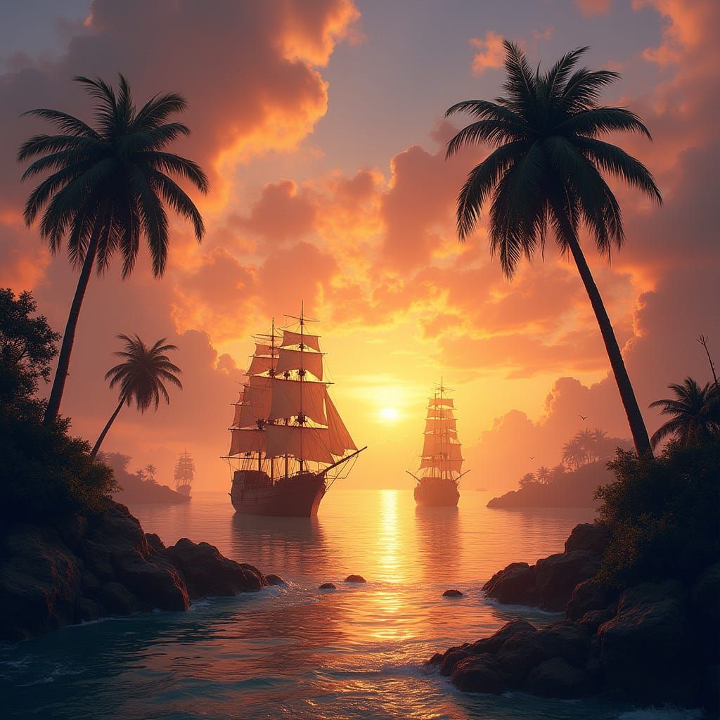 Sunset Ocean with Pirate Ships in Romantic Style