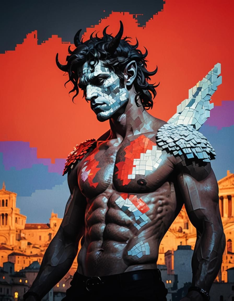 Pixelated Satyr in Glitched Roman Landscape