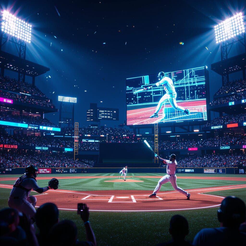 Futuristic Baseball Broadcast in Neon Cyberpunk Style