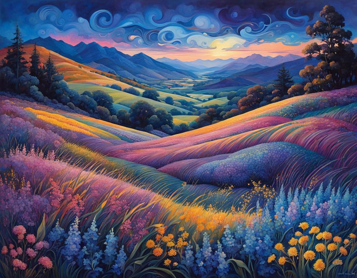 Whimsical Prairie at Blue Hour in Abstract Style