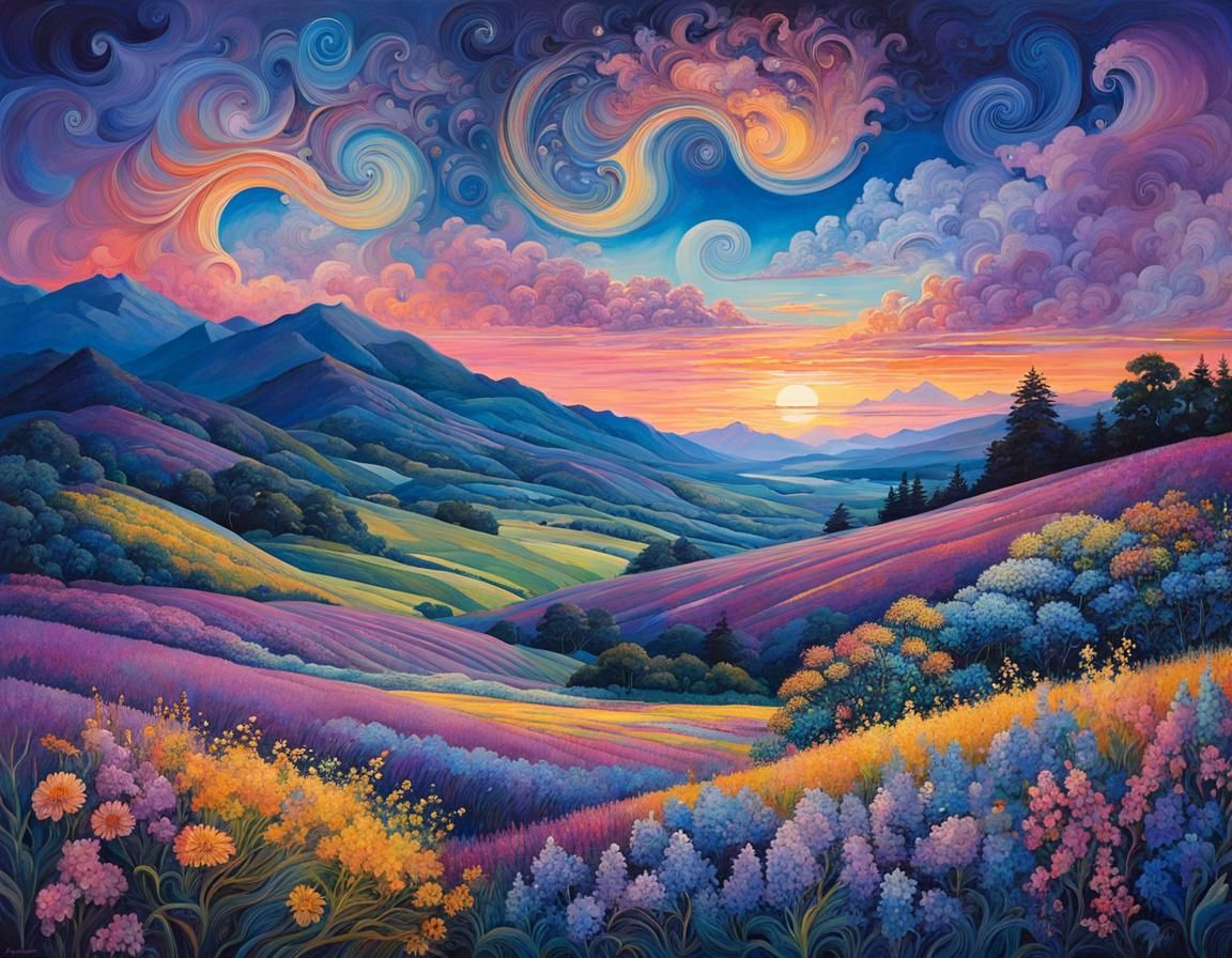 Whimsical Prairie at Blue Hour, Maximalist Abstract