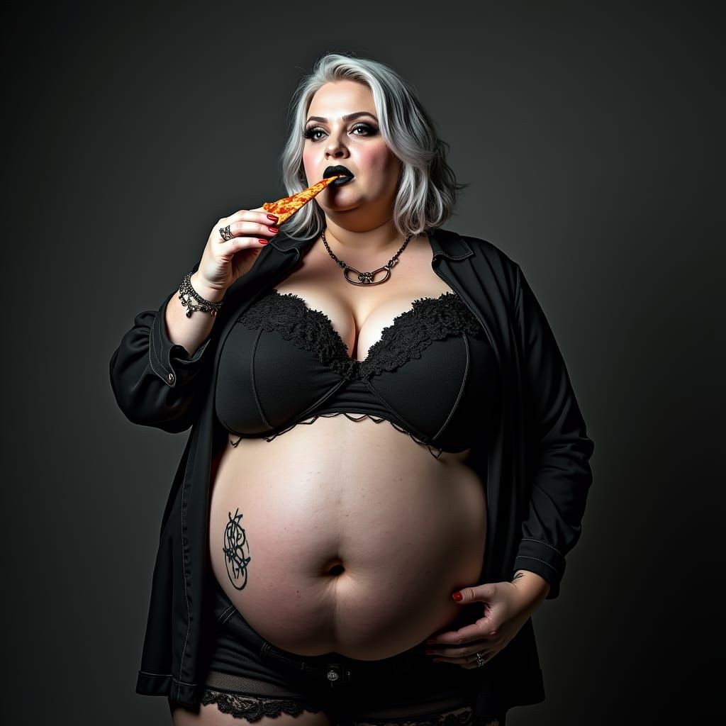 Photorealistic Gothic Plus-Size Woman Eating Pizza