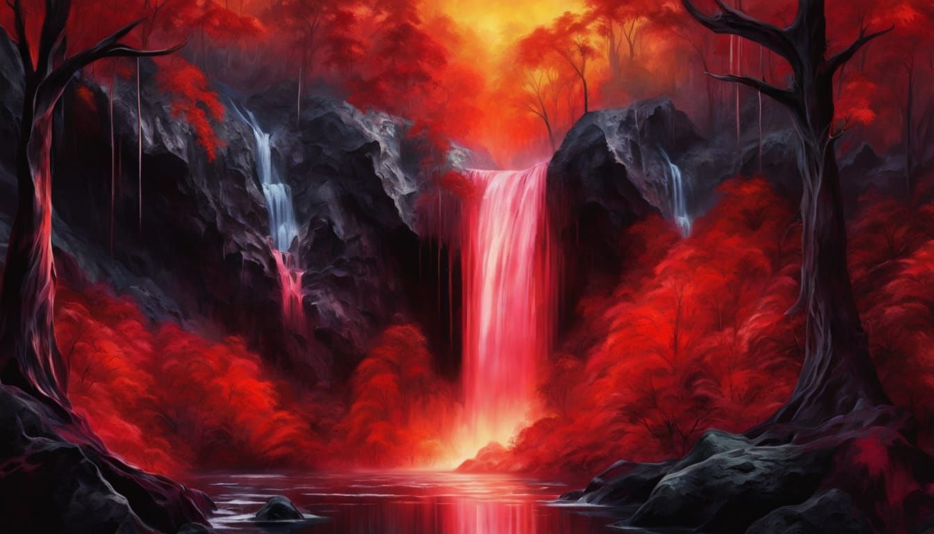 Ethereal Oil Painting of a Dark Forest by a Vibrant Red Wate...