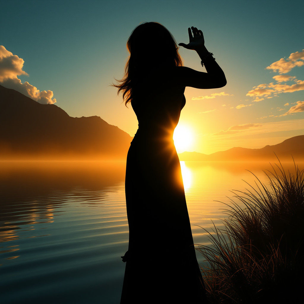 Sunset Silhouette by Lake: Fantasy Concept Art