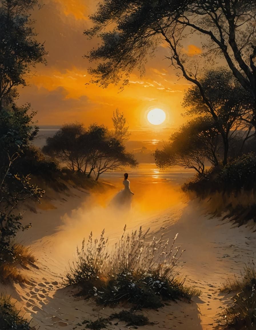 Romantic Coastal Landscape Painting in Impressionist Style