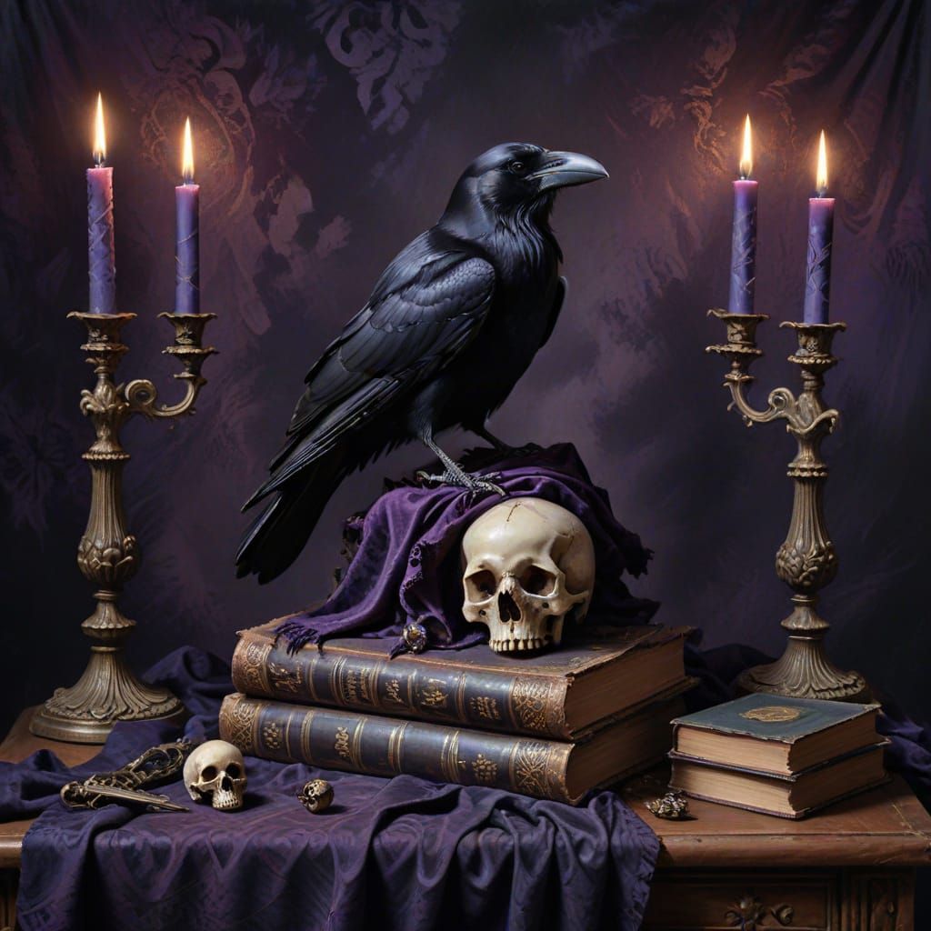 Raven on Skull with Ancient Tome in Chiaroscuro Style