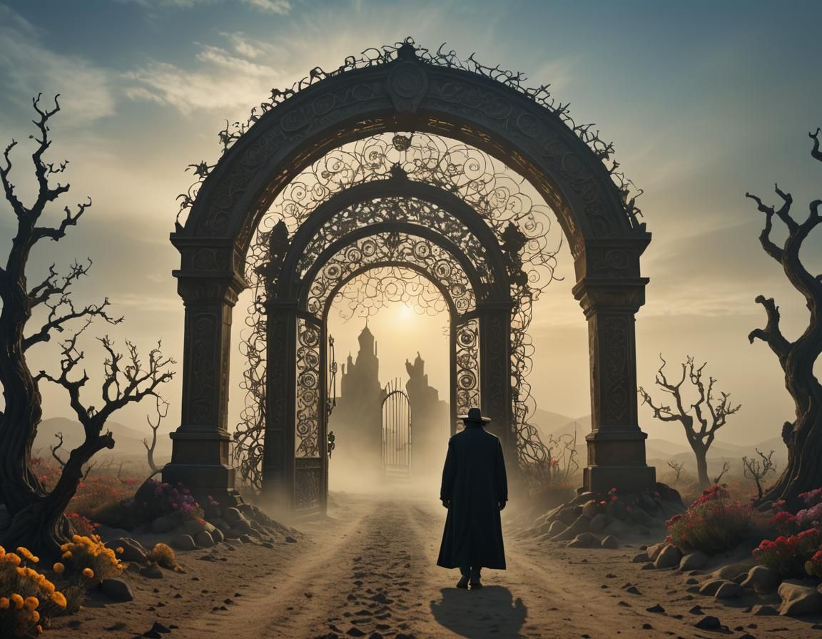 Ominous Figure at Ancient Gate in Surreal Desert