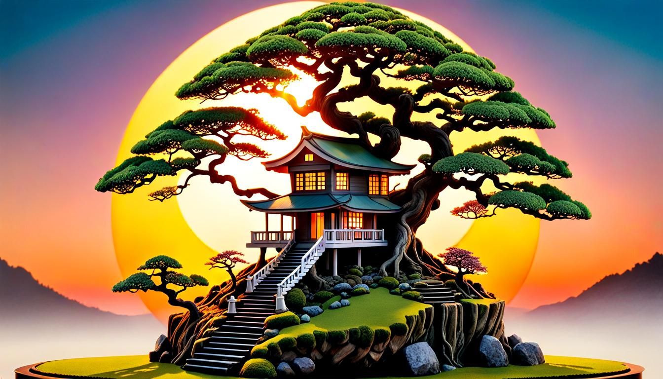 Bonsai House Double Exposure in Watercolor Sunset