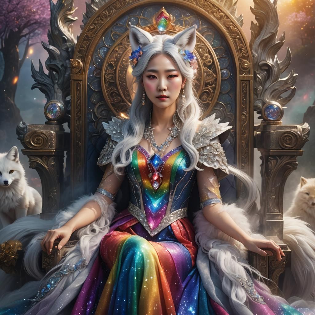 Silver Haired Queen with Fox Ears in Rainbow Dress