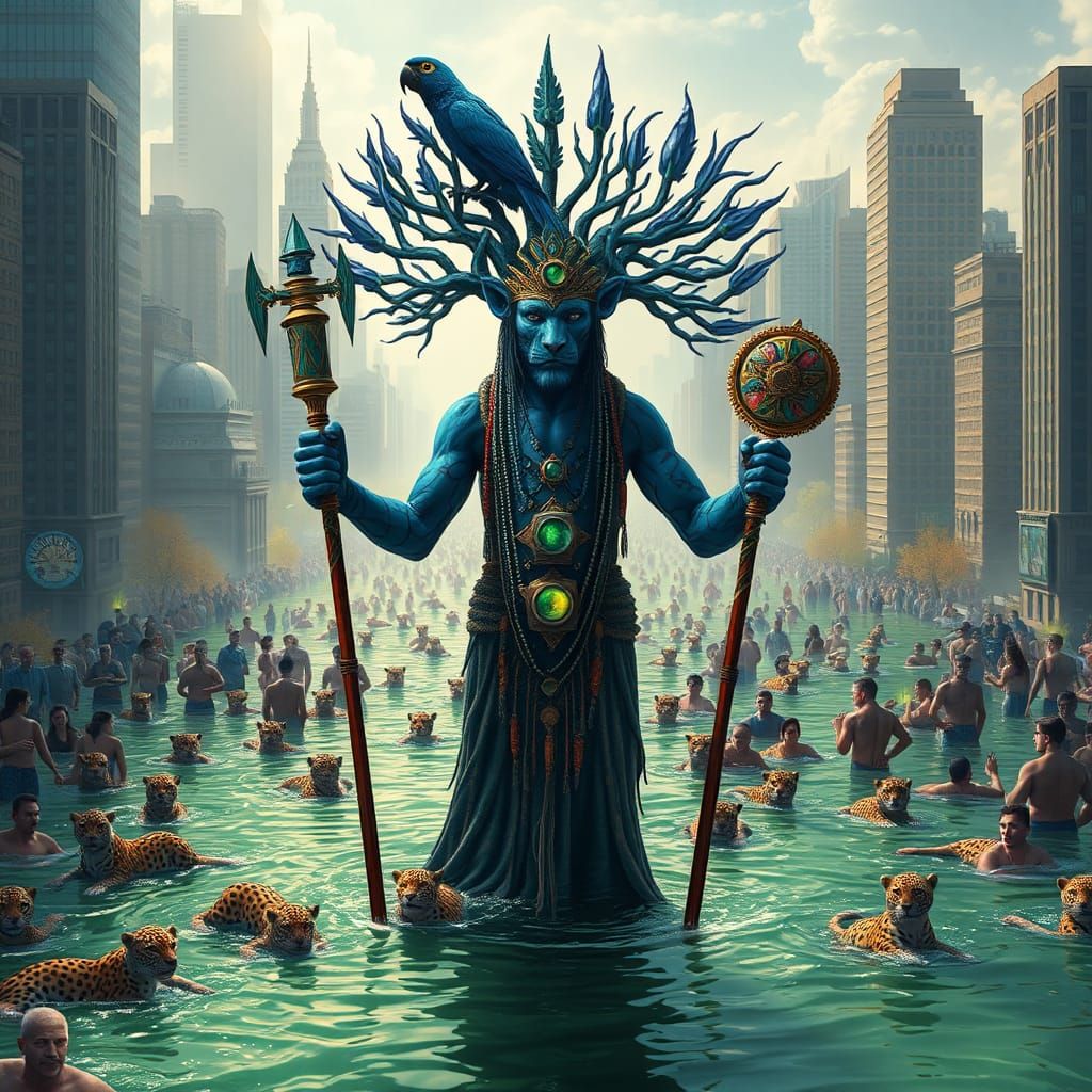 Blue Leopard Shaman in Flooded City, Syd Mead Style