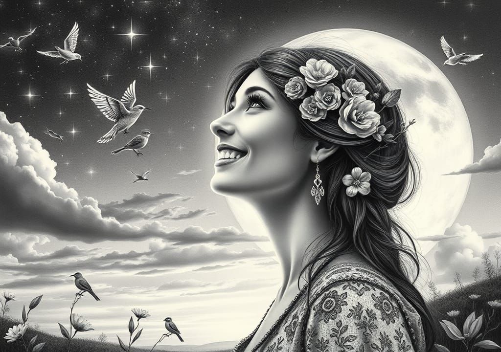 Hybrid Woman at Sunset in Black and White