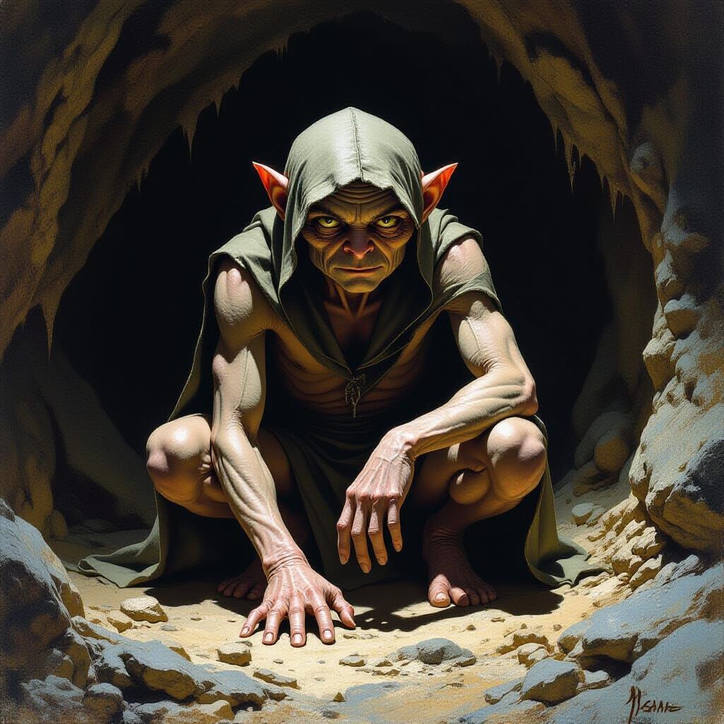 Gollum in Dim Cave: Dark Fantasy Art
