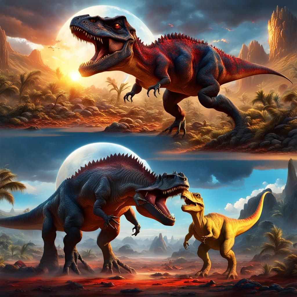 Epic Dinosaur Battle Under Three Suns