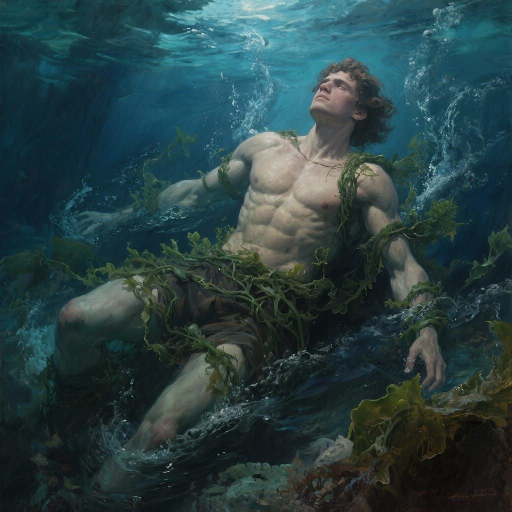 Theseus Drowns Amidst Seaweed, Epic Painting Style