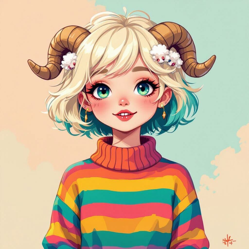 Girl with Ram Features in Whimsical Style