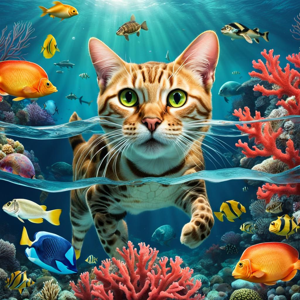 Cat's Underwater Adventure in Coral Reef