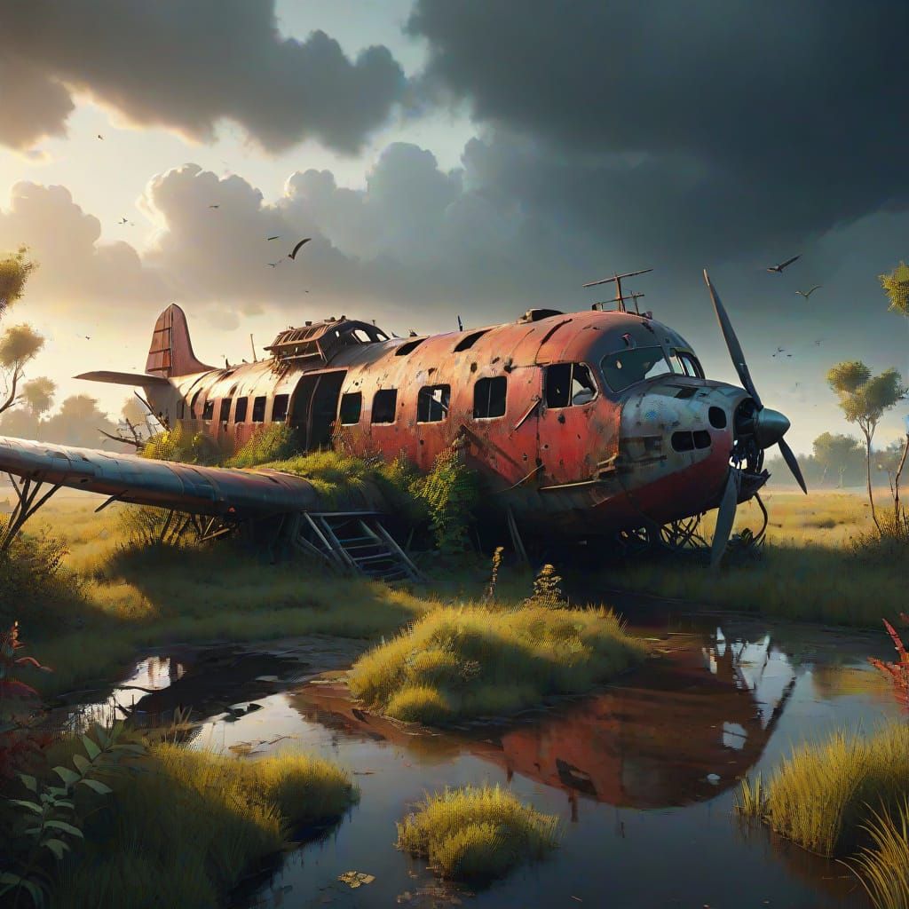 Surrealist Painting of Plane Wreck at Sunset
