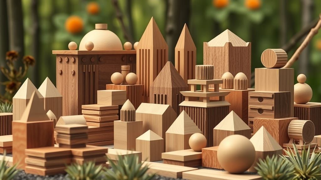 Wooden Cityscape of Geometric Forms in Brown Gradient