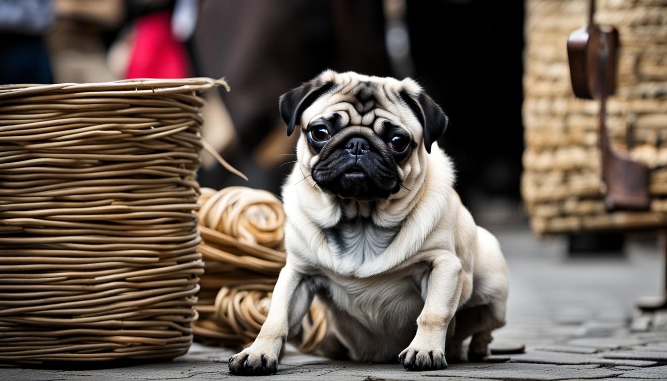 Pug in Medieval Market Scene