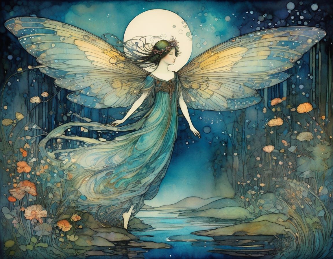 Dramatic Fairy with Delicate Wings in Vibrant Liquid Ink Wat...