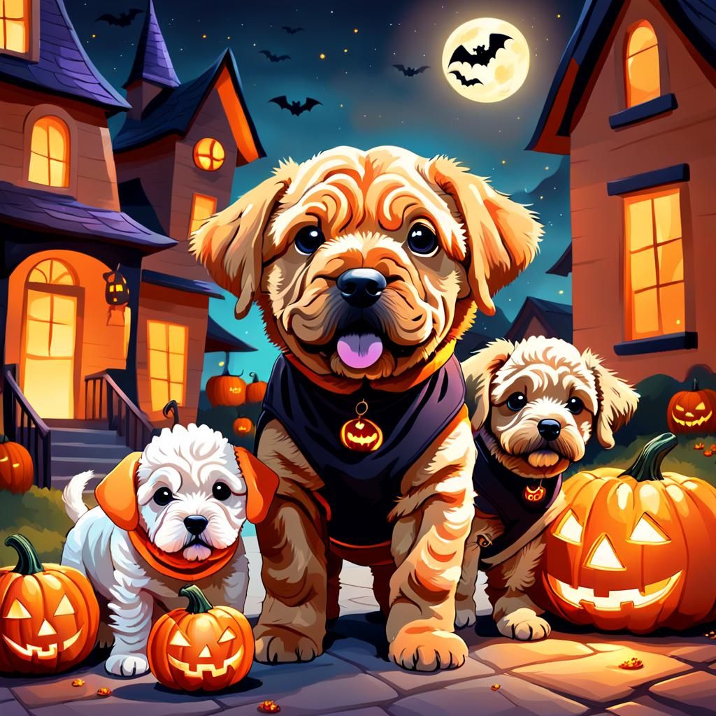 Puppies Trick-or-Treating in Whimsical Digital Illustration