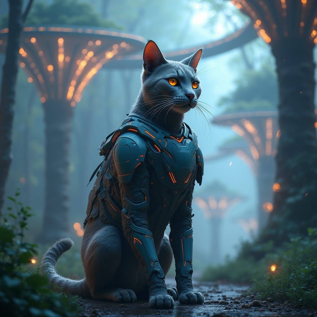 Armored Cat in Bioluminescent Jungle, Digital Art