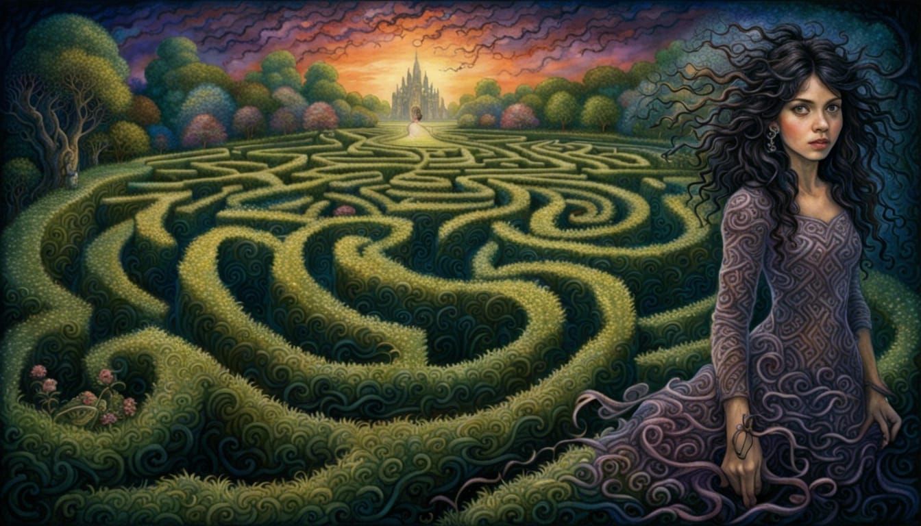 Girl Lost in Hedge Maze, in Burtonesque Style