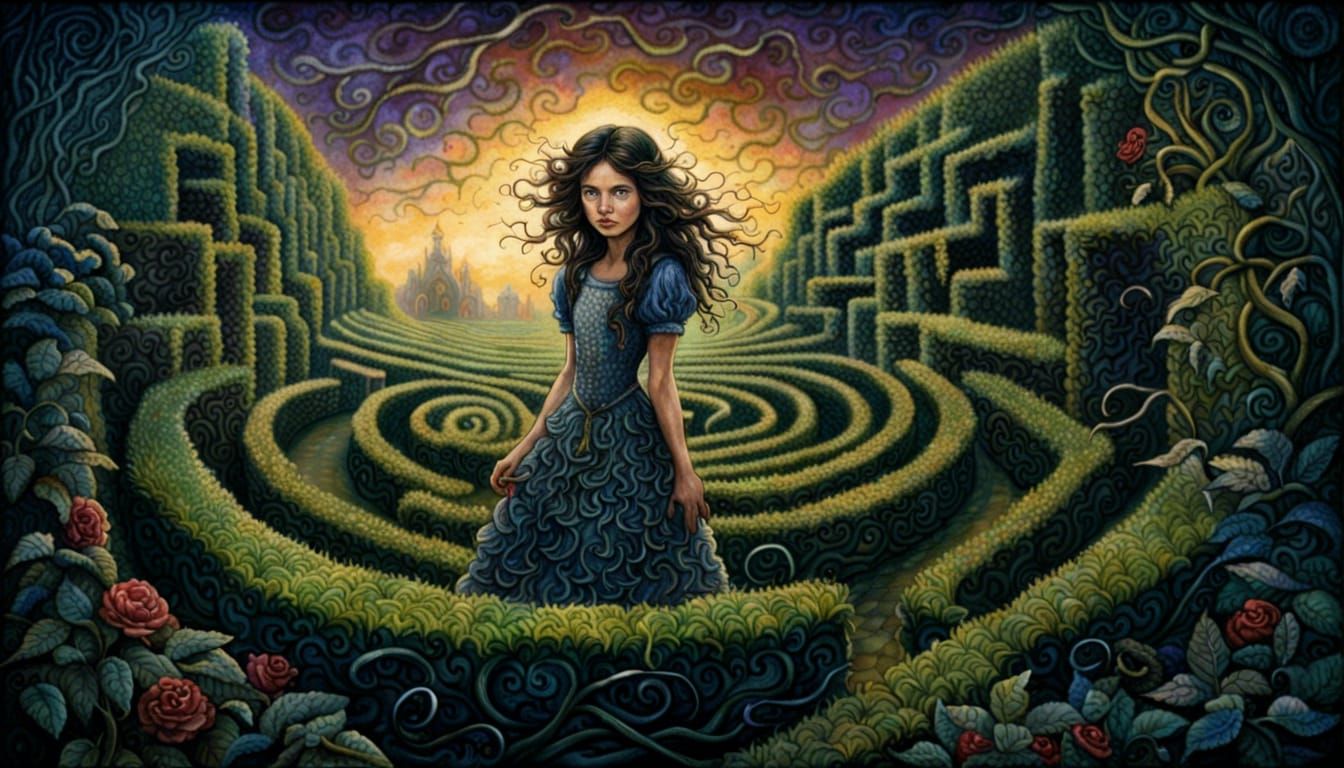 Dark-Haired Girl Lost in Whimsical Hedge Maze