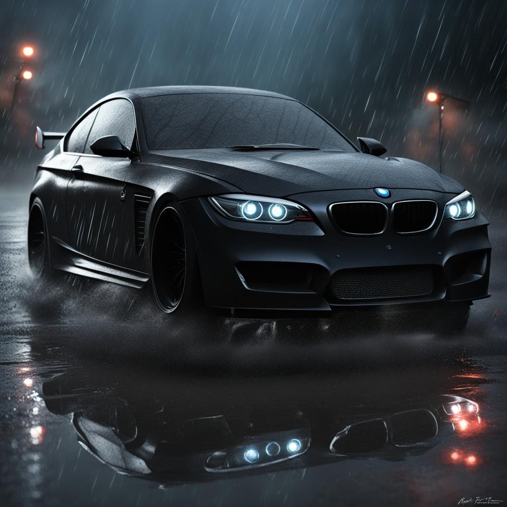 Scary Modern BMW in the Rain: Hyperrealistic Matte Painting